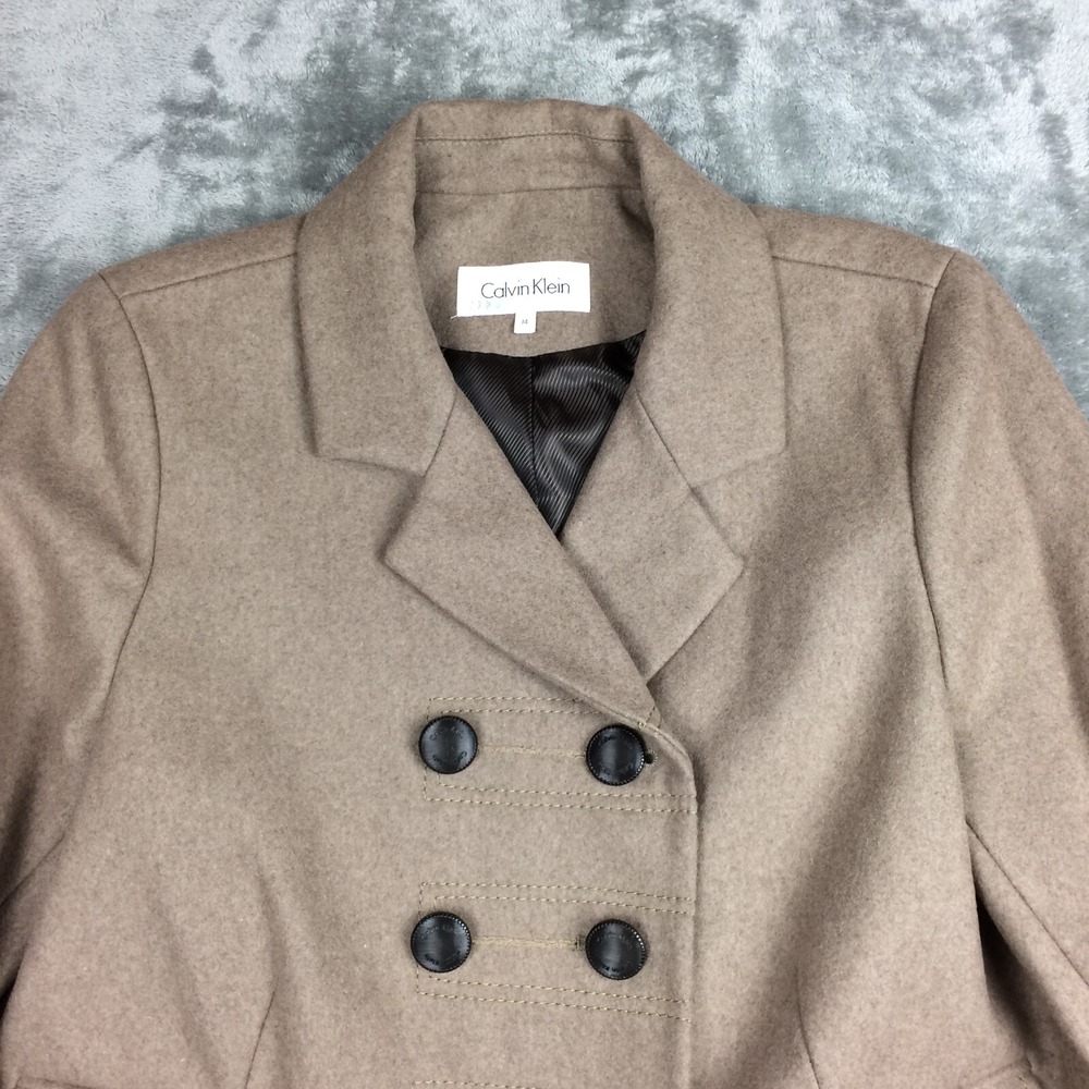 Calvin Klein Pea Coat Women 14 Tan Wool Blend Double Breasted Preppy Military - Picture 2 of 15